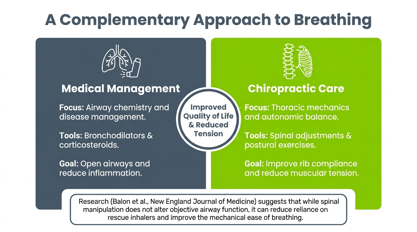 Complementary approach to breathing: medical management focuses on airway chemistry while chiropractic care focuses on thoracic mechanics and autonomic balance to improve rib compliance and reduce muscular tension