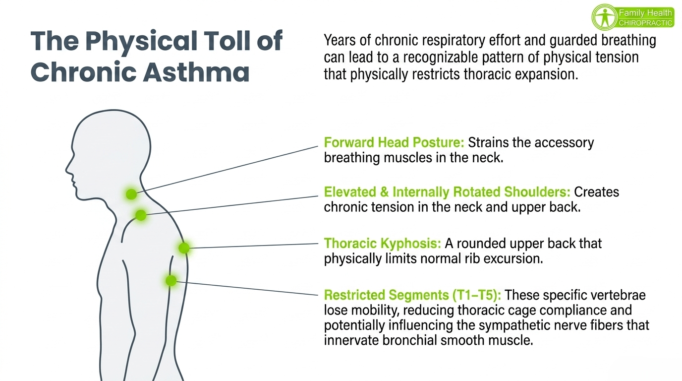 The physical toll of chronic asthma: forward head posture, elevated shoulders, thoracic kyphosis, and restricted T1-T5 segments that reduce rib excursion and thoracic cage compliance