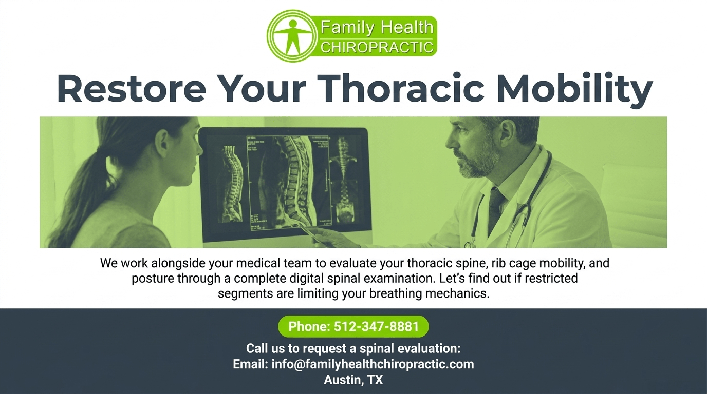 Restore your thoracic mobility in Austin TX: Family Health Chiropractic evaluates thoracic spine, rib cage mobility, and posture through a complete digital spinal examination