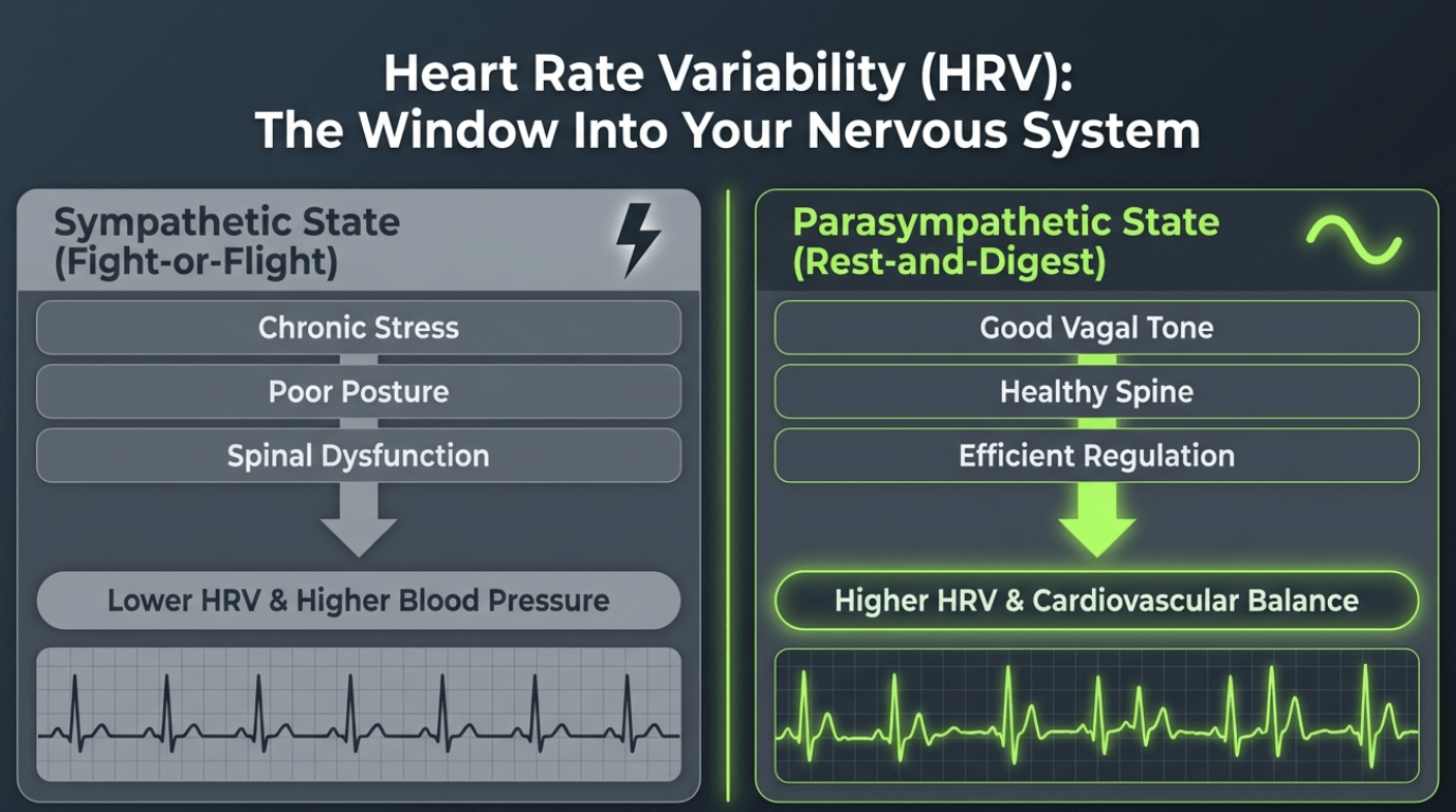 Heart rate variability as a window into the nervous system: sympathetic state with spinal dysfunction leads to lower HRV and higher blood pressure, while a healthy spine supports parasympathetic dominance and cardiovascular balance