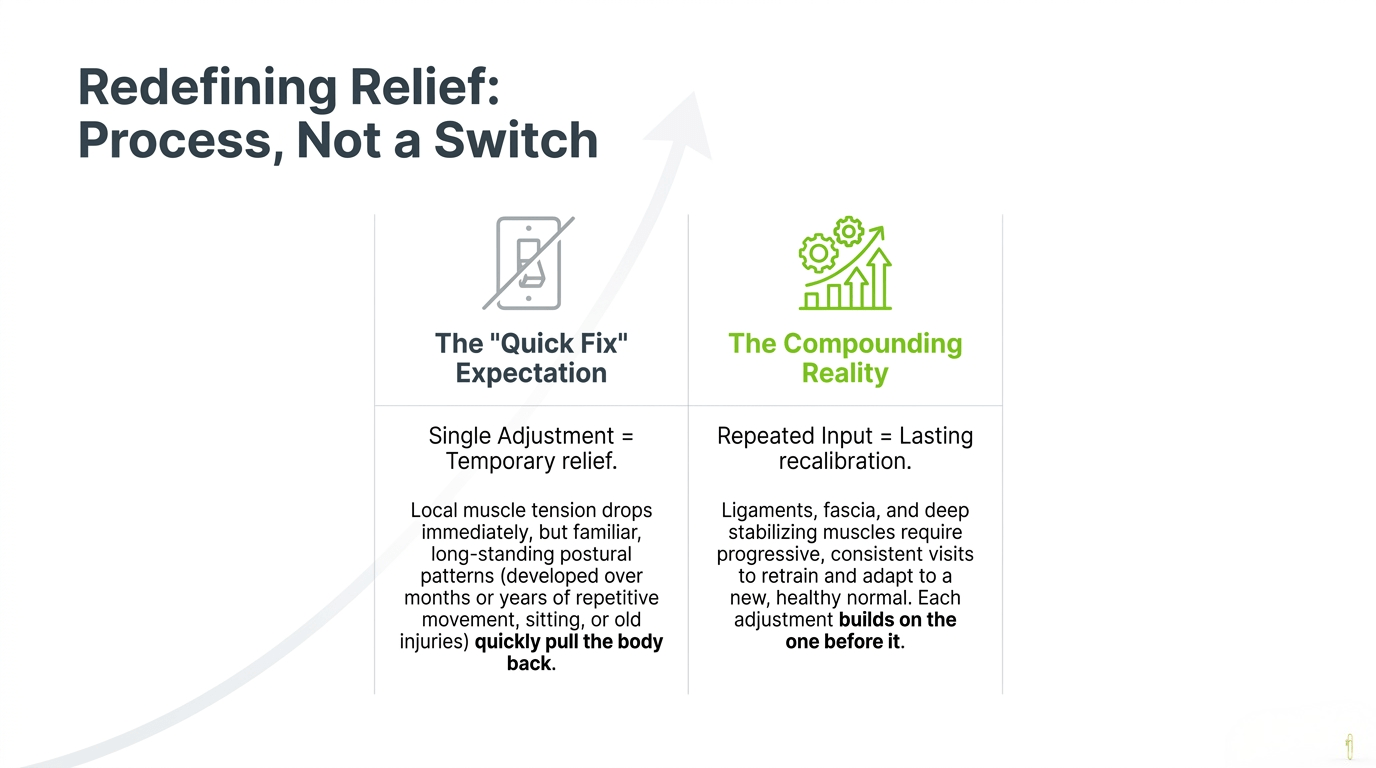 Redefining Relief: Process Not a Switch - comparing quick fix expectation vs compounding reality in chiropractic care