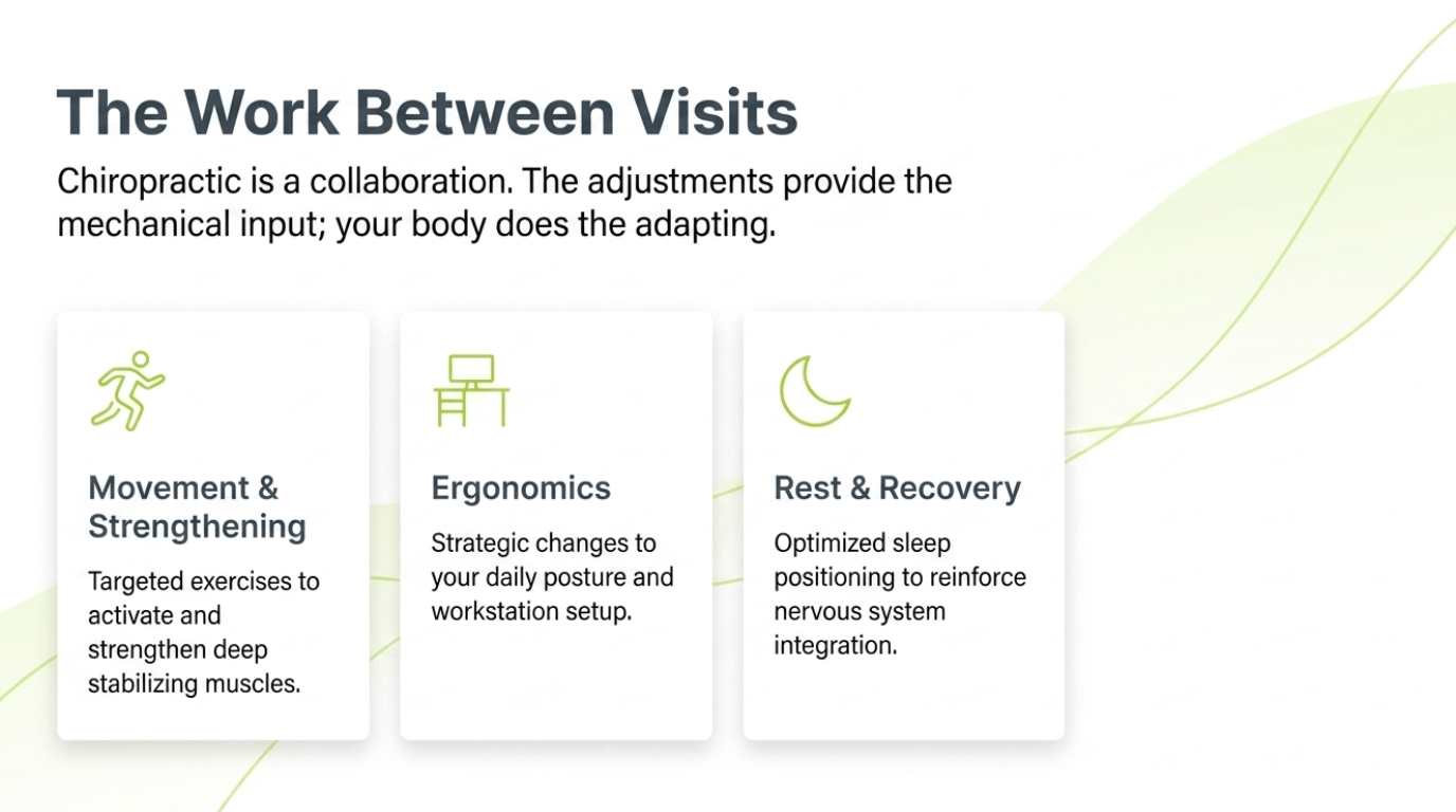 The Work Between Visits: movement and strengthening, ergonomics, and rest and recovery support chiropractic adjustments