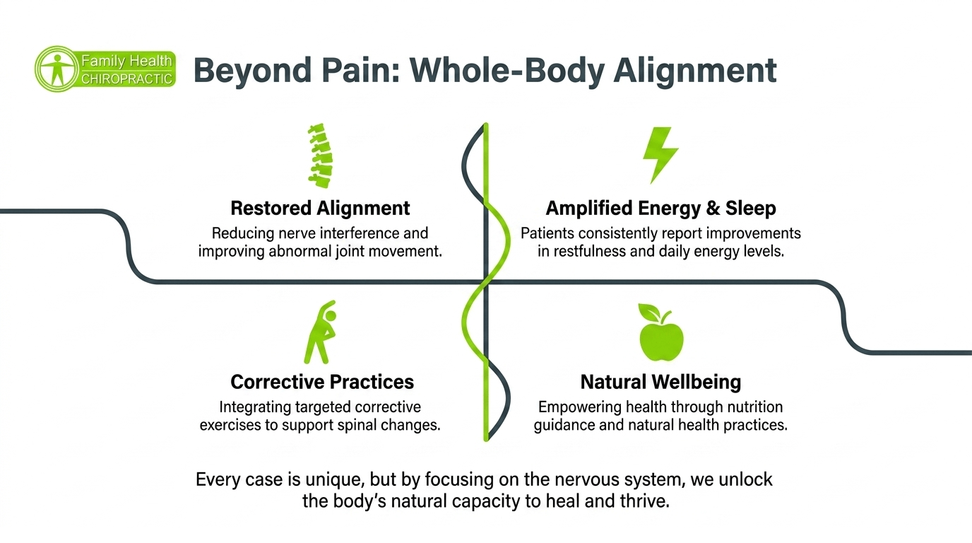 Beyond pain relief: whole-body alignment at Family Health Chiropractic in Austin TX - restored alignment, amplified energy, corrective practices, natural wellbeing