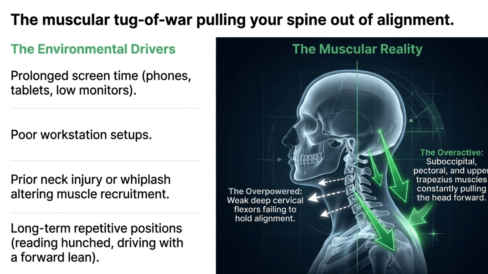 Illustration of the muscular tug-of-war in forward head posture showing overpowered deep cervical flexors and overactive suboccipital and trapezius muscles pulling the head forward