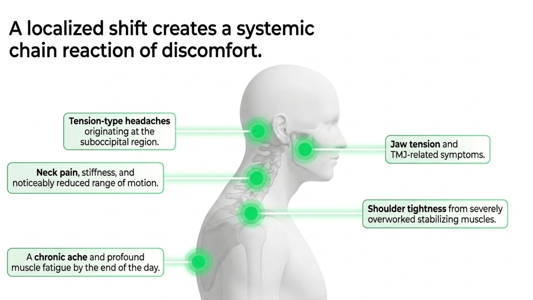 Diagram showing how forward head posture creates a chain reaction of discomfort including neck pain, tension headaches, jaw tension, shoulder tightness, and chronic upper back fatigue