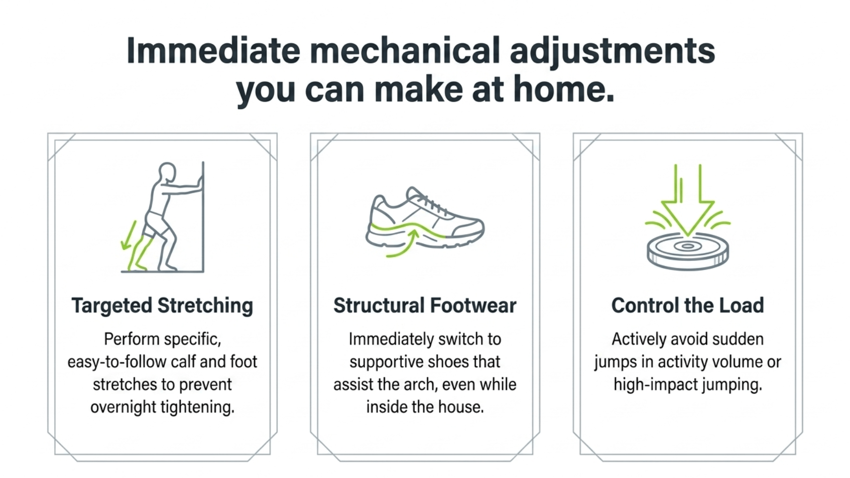 Three immediate home adjustments for plantar fasciitis relief: targeted calf and foot stretching, switching to supportive structural footwear, and controlling activity load spikes