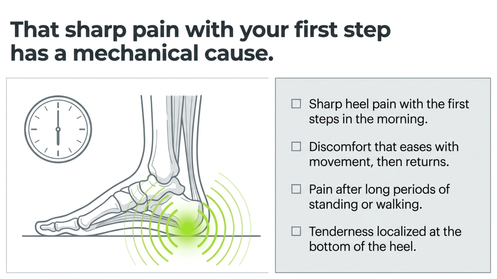 Symptoms of plantar fasciitis: sharp heel pain with first steps in the morning, discomfort that eases then returns, pain after prolonged standing, tenderness at bottom of heel