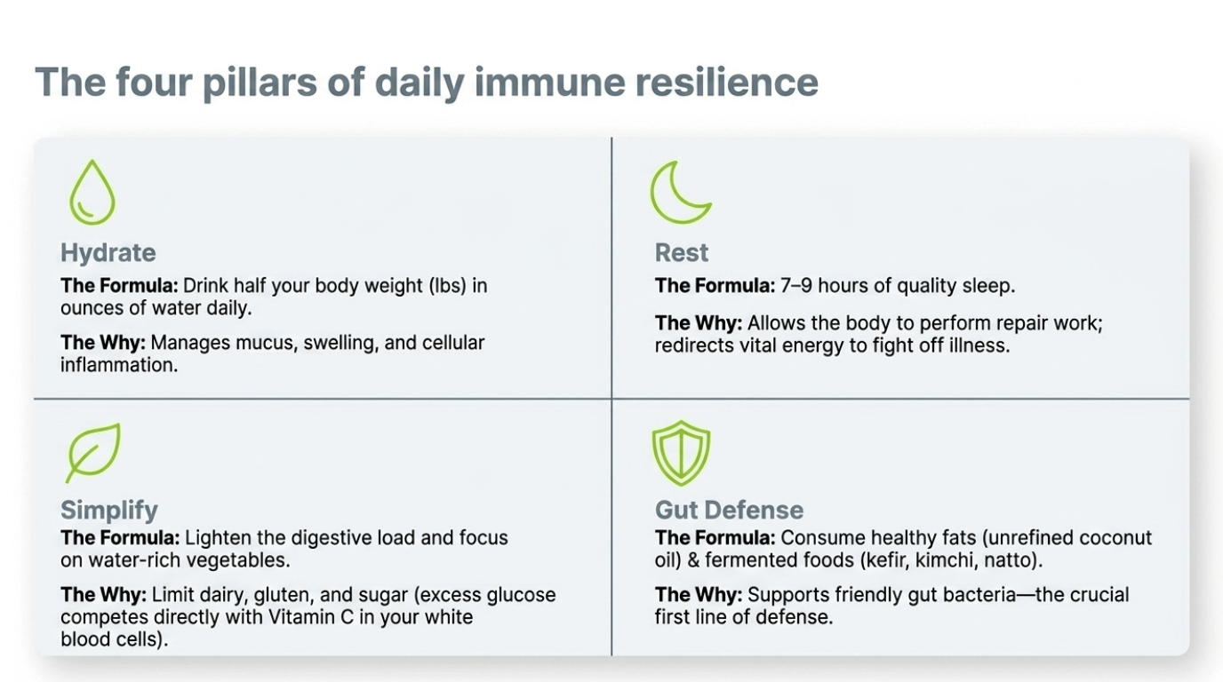 The four pillars of daily immune resilience: Hydrate, Rest, Simplify, and Gut Defense with formulas and reasons for each