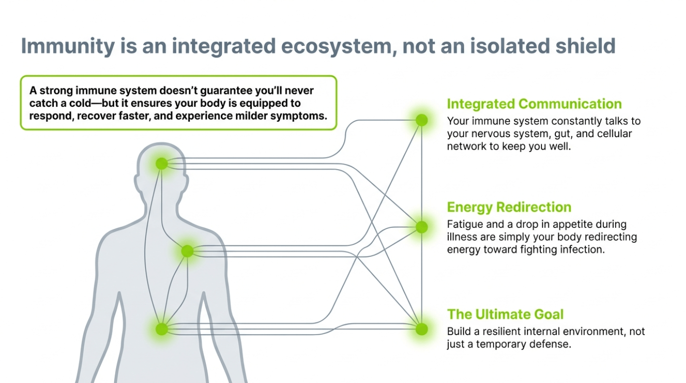 Immunity is an integrated ecosystem not an isolated shield: integrated communication, energy redirection, and the ultimate goal of resilience
