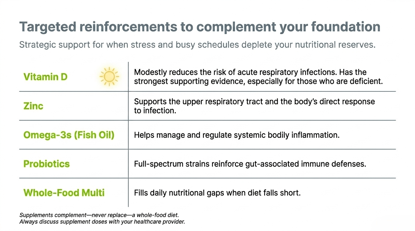 Targeted reinforcements to complement your immune foundation: Vitamin D, Zinc, Omega-3s, Probiotics, and Whole-Food Multi supplement guide