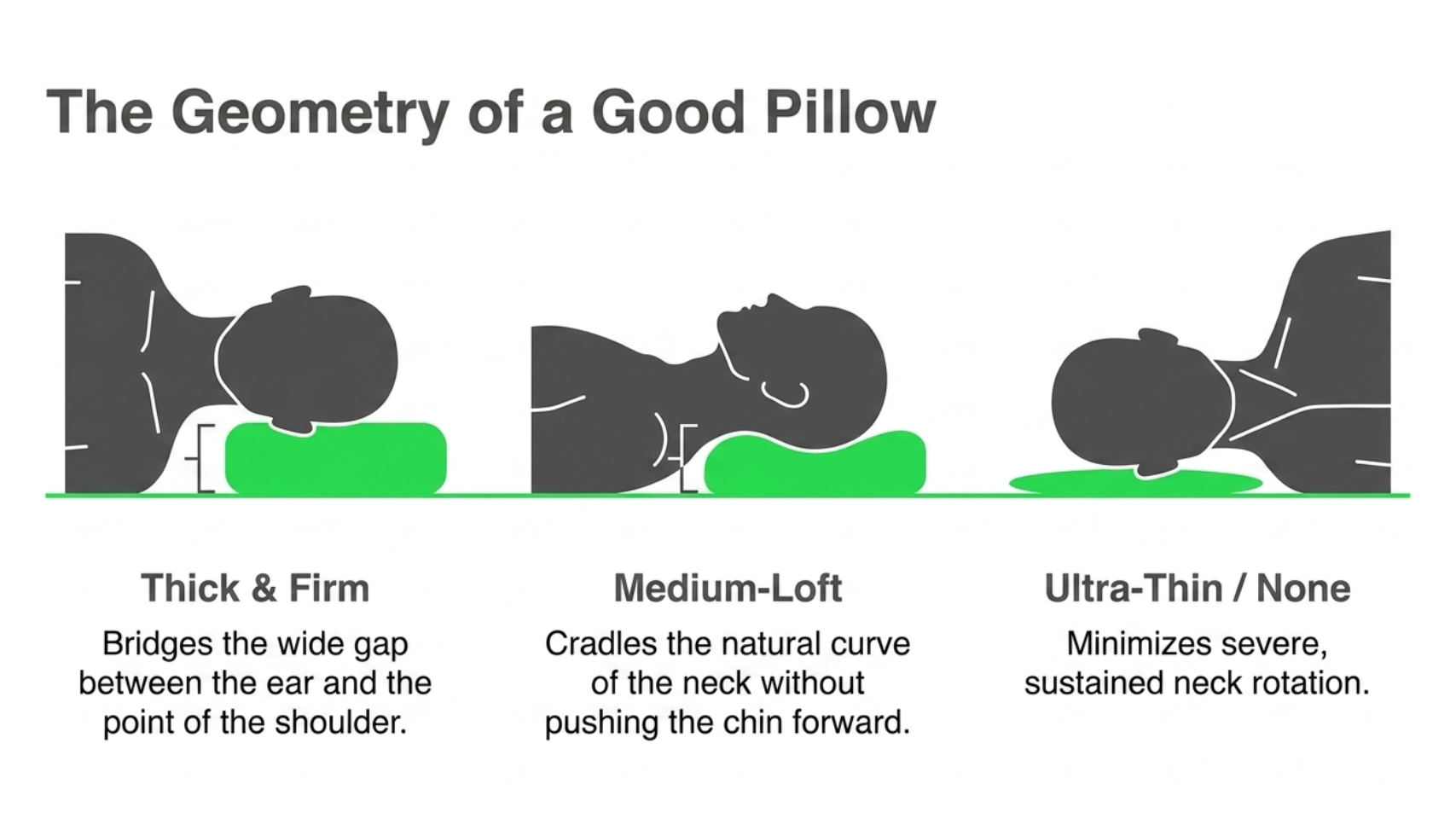 The Geometry of a Good Pillow: thick and firm for side sleepers, medium-loft for back sleepers, ultra-thin or none for stomach sleepers