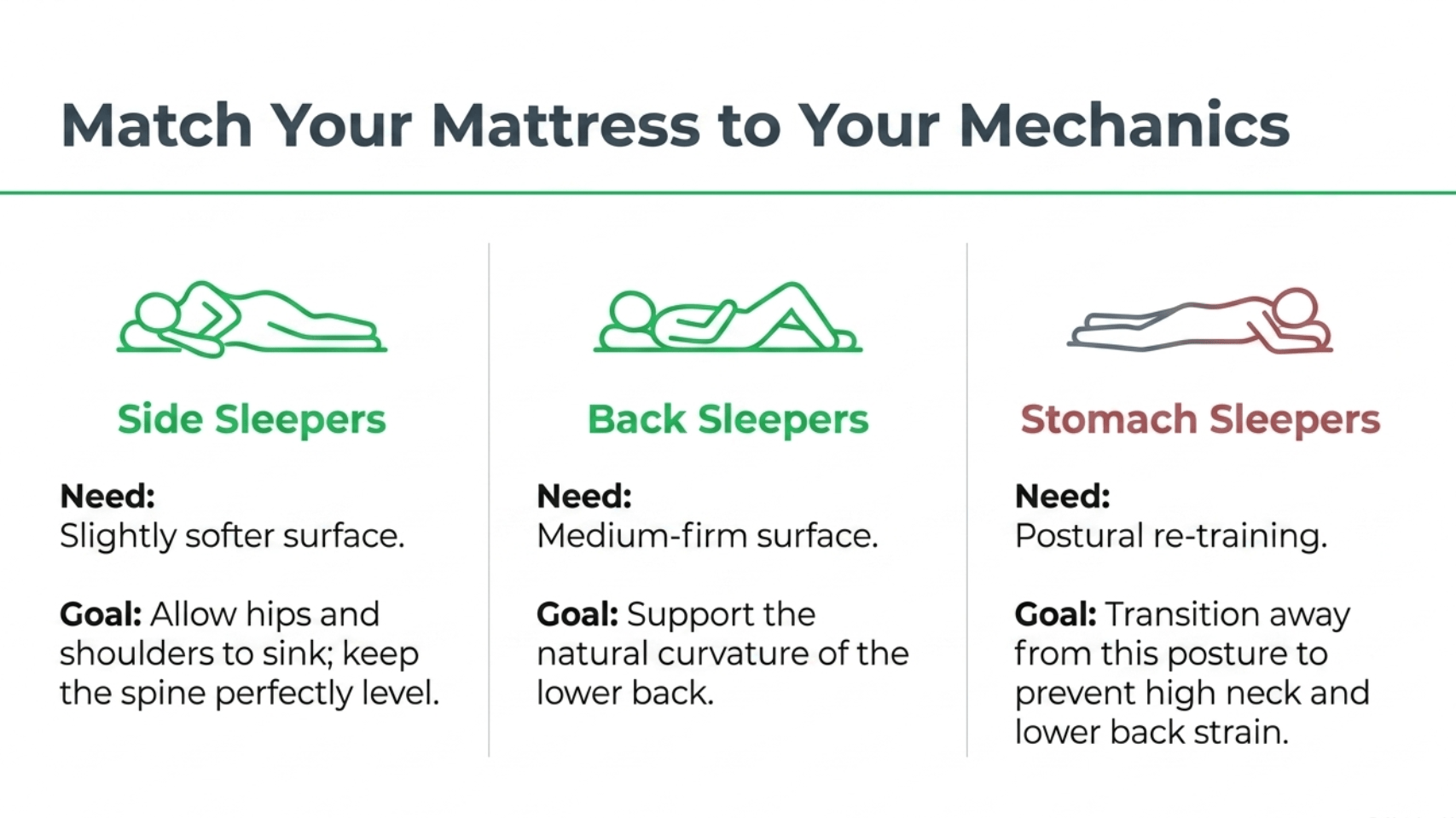Match Your Mattress to Your Mechanics: side sleepers need slightly softer surface, back sleepers need medium-firm, stomach sleepers need postural retraining