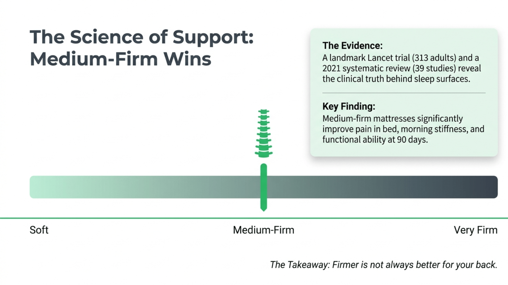 The Science of Support: Medium-Firm Wins - Lancet trial and 2021 systematic review show medium-firm mattresses significantly improve back pain, morning stiffness, and functional ability