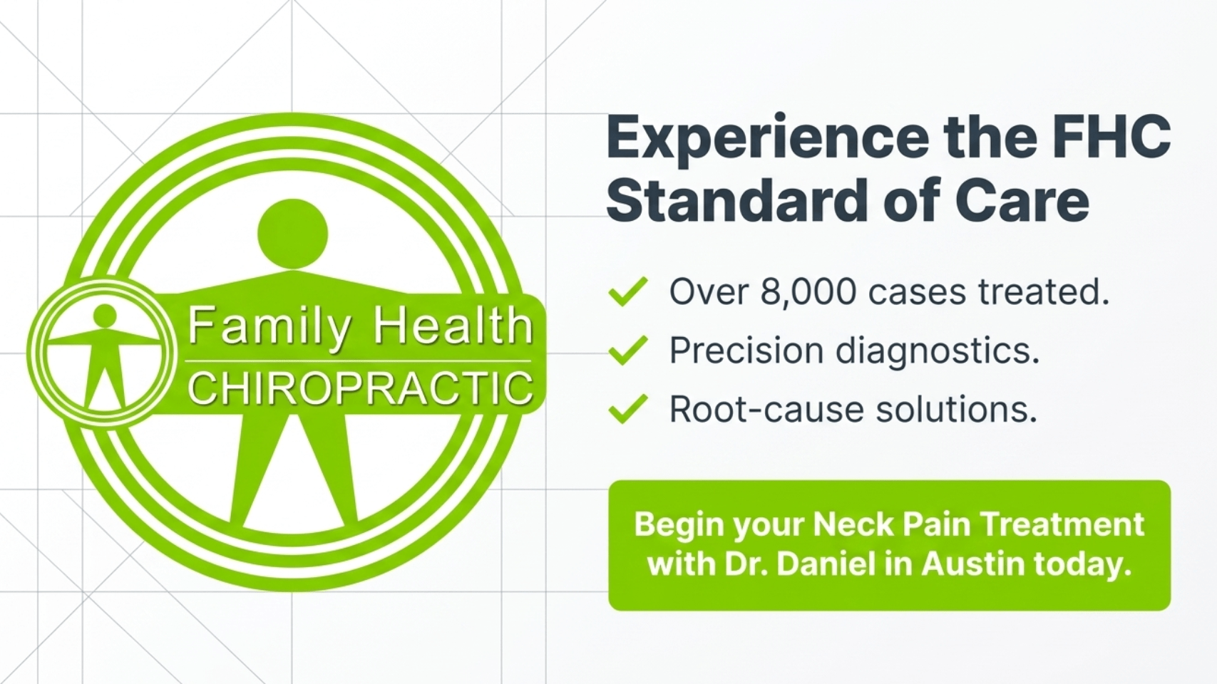 Family Health Chiropractic value summary showing over 8,000 neck pain cases treated, precision diagnostics, and root-cause solutions with Dr. Daniel in Austin TX