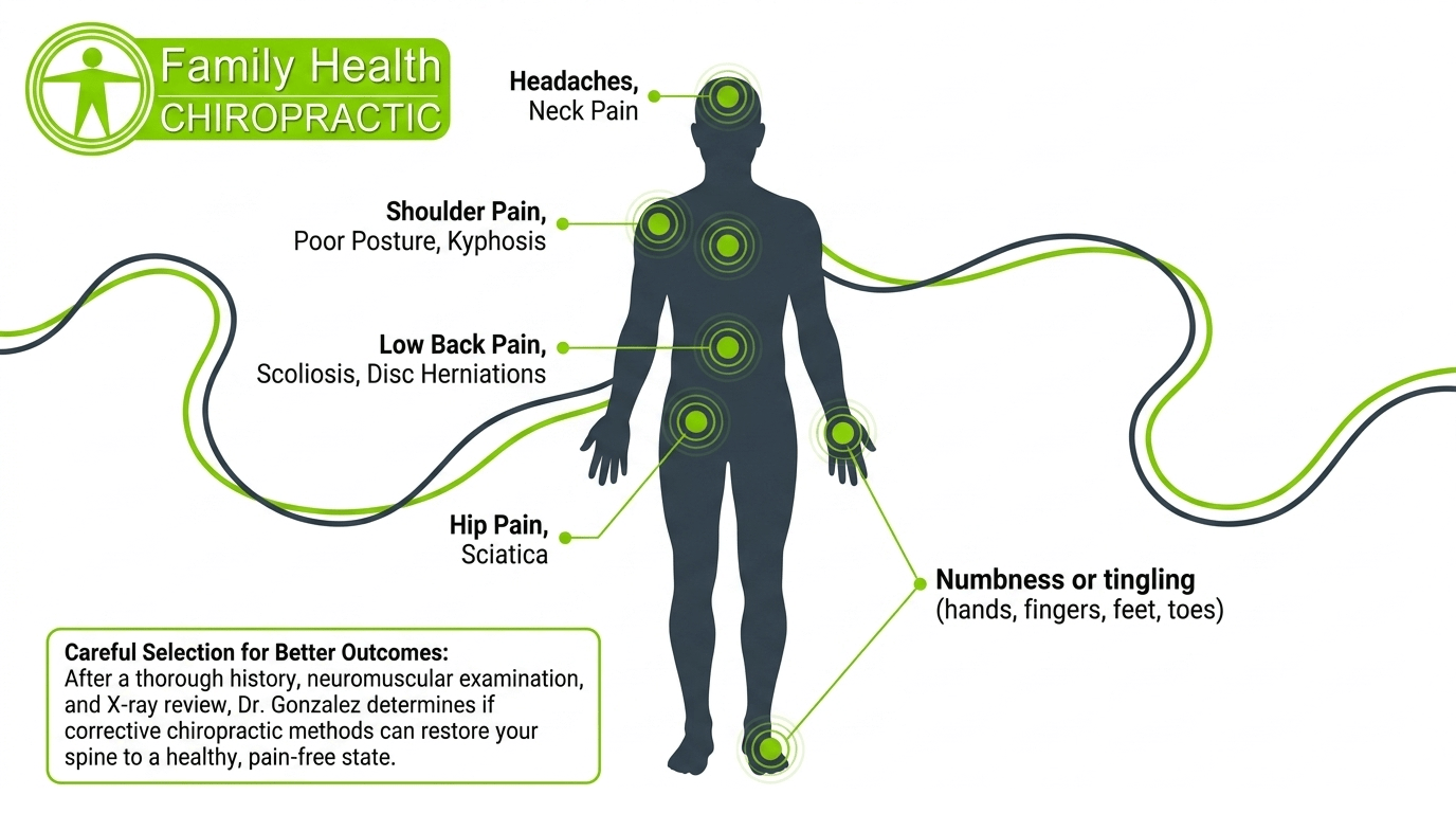 Conditions we treat at Family Health Chiropractic: headaches, neck pain, shoulder pain, back pain, hip pain, sciatica, and numbness in Austin TX