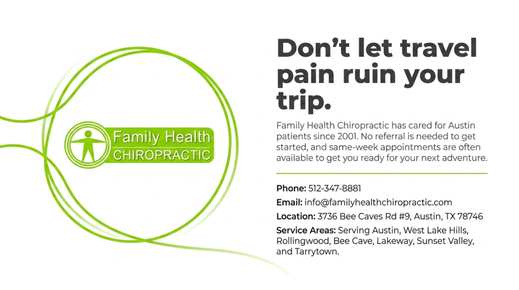Family Health Chiropractic contact card with phone number, email, and Austin-area service locations.